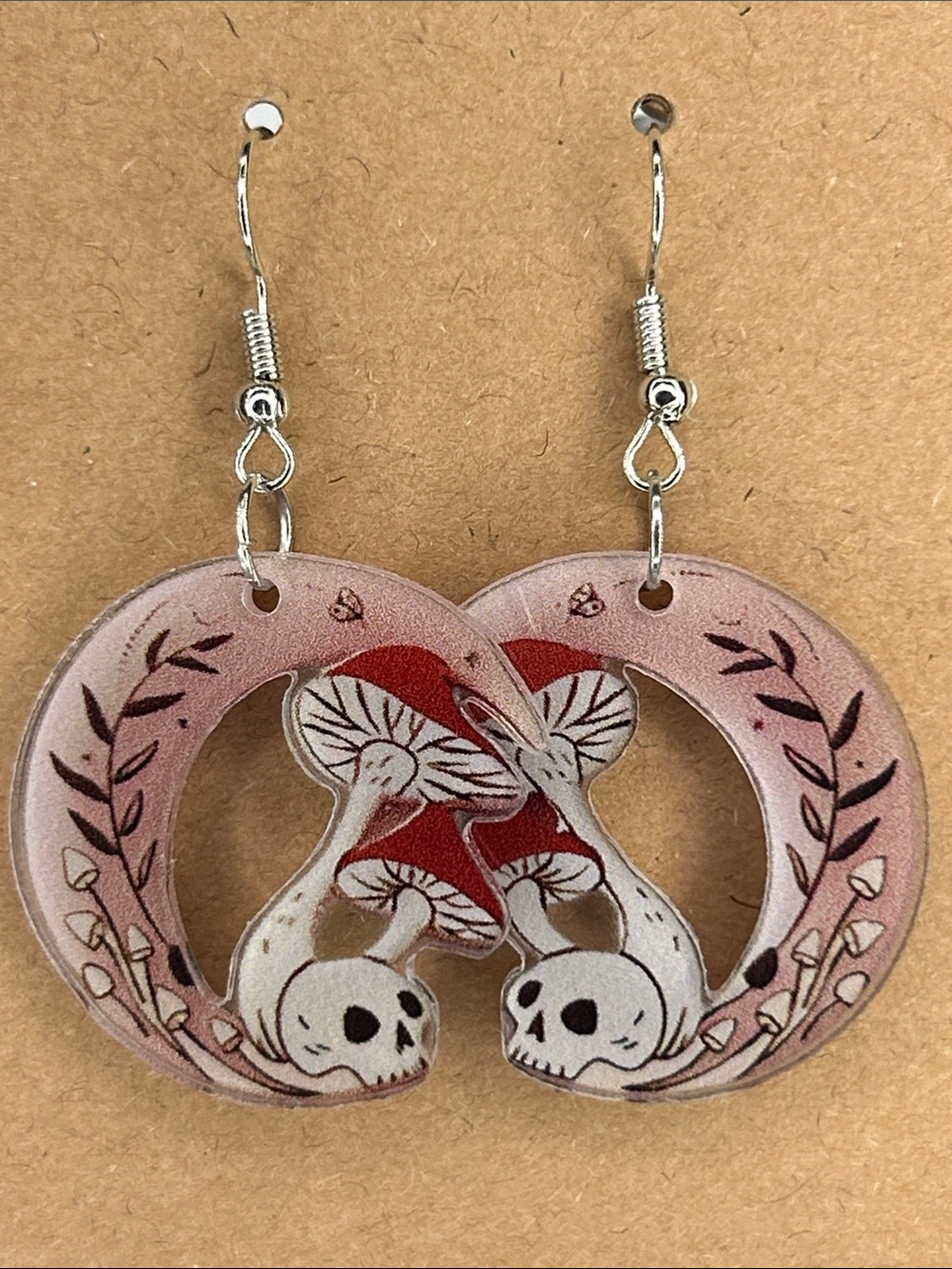 Mushroom Skull Heart Dangle Earrings — Pink & Red Fashion Jewelry